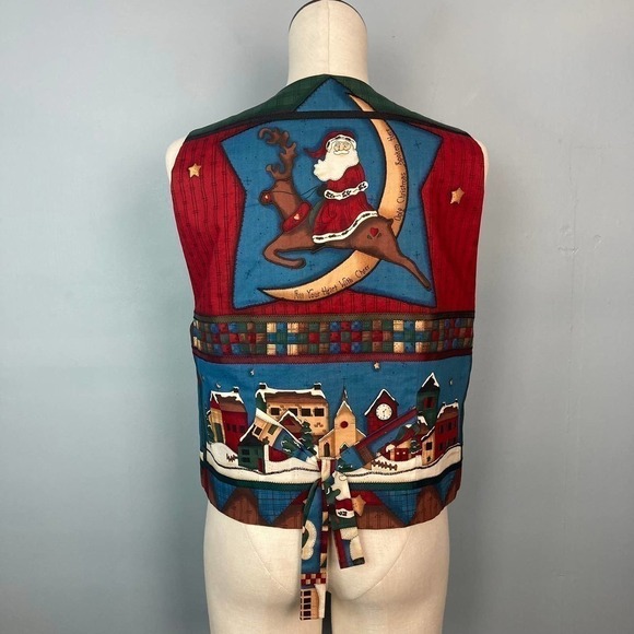 Handmade Applique Embroidered Christmas Vest Folk Art Santa Reindeer Village M - Picture 3 of 12